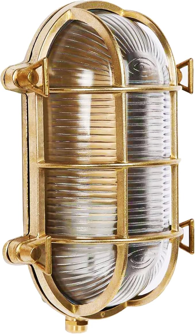 Sunluck Brass Bulkhead Light,Grid Oval Nautical Wall Sconces,Lampshade,Ceiling Mount Lighting,Brass Sauna Light Waterproof IP54,Rust Resistant,for Decoration Cafe,Bar,Porches,Patios,Restaurants