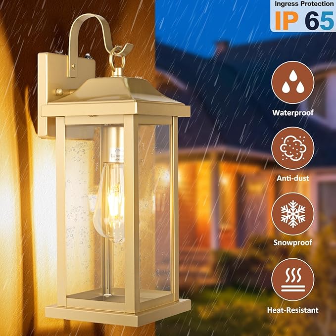 Large Gold Outdoor Sconces Dusk to Dawn 2-Pack, 17 Inch Large Porch Light Photocell Brass Outdoor Light Fixtures IP65 Waterproof with Clear Glass Outside Wall Lanterns Wall Mounted Lamps