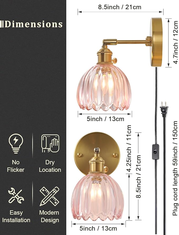 Plug in and Hardwired Wall Sconces, Luxury Vintage Tulip Crystal Glass Shade Wall Light with Switch for Bedside Bedroom Living Room (Tulip-Pink, 2)