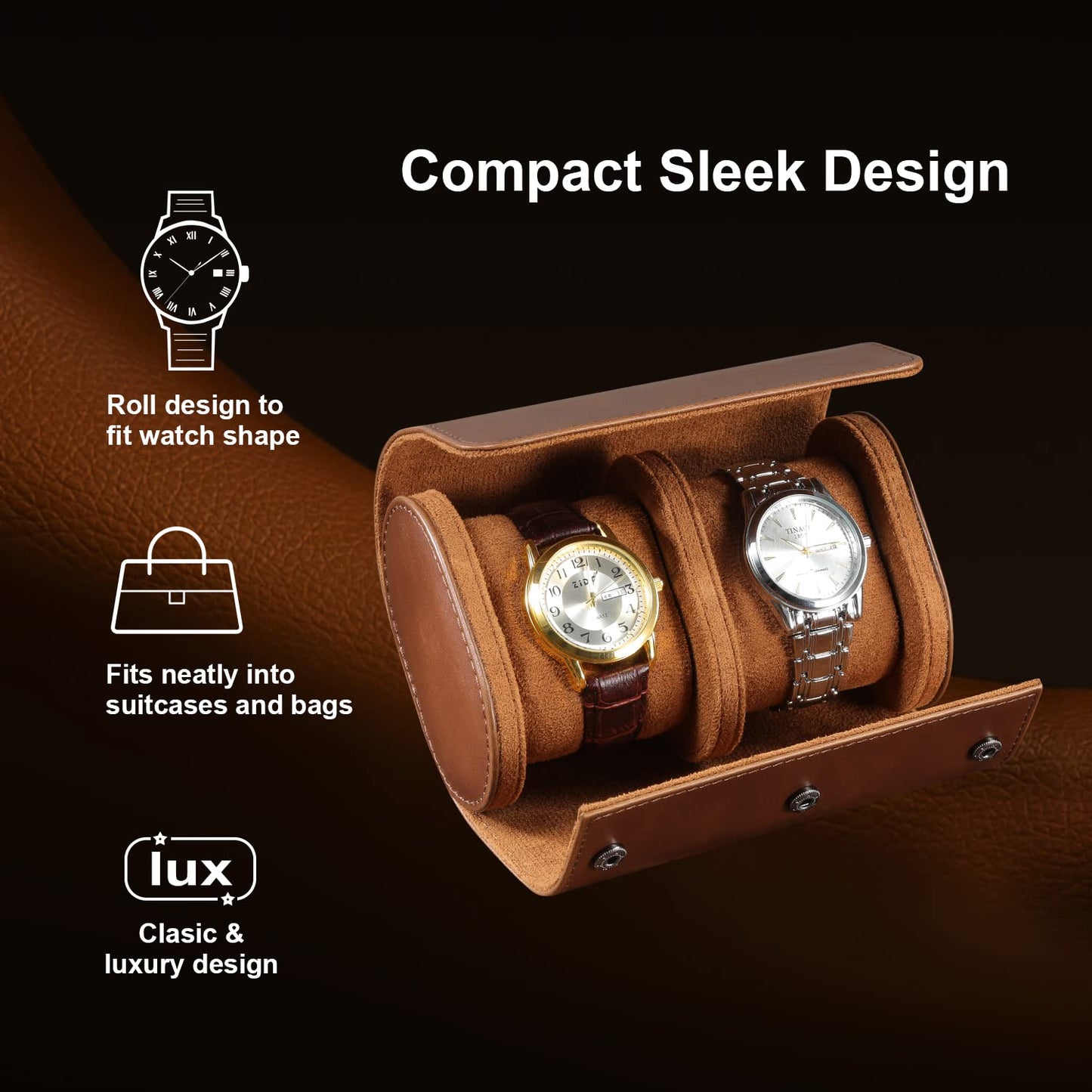 ROSELLE Watch Roll Travel Case for Men and Women- 2 Watch Storage and Organizer-Secure Storage with Innovative Removable Pillows & Solid Dividers for Home, Travel and Display (Brown-2 Slot)