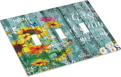Turquoise Rustic Vintage Wood Planks Sunflower Butterfly 3 Gang Wall Plates Decorative Triple Toggle Light Switch Cover Electrical Switchplate Unused Decorate Faceplate for Bathroom Home