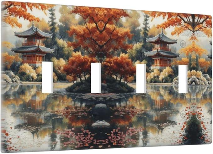Decorative Art Light Switch Covers Lake & Pagoda in Fall Quad Toggle 4 Gang Wall Plate Switch plate Electrical Faceplate for Home Decor