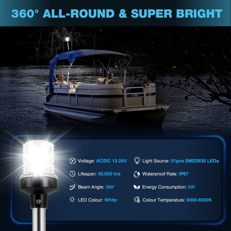 SETYPARY 12 Inches Anchor Light Boat Stern Light Waterproof IP67, White Fold Down Marine Navigation Lights for Boats LED for Pontoon, Jon Boat and Bass Boats (12-24V)