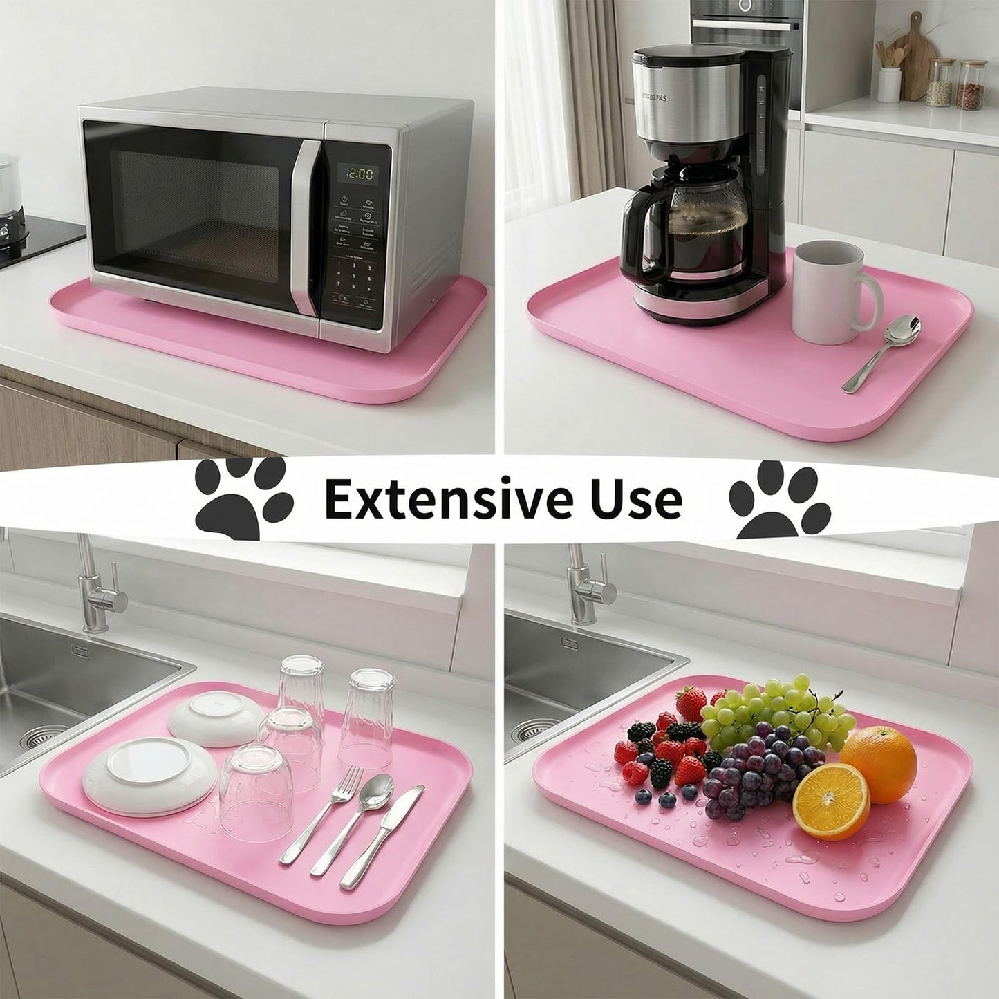 BLESWIN Waterproof Silicone Pet Feeding Mat Pink with Raised Edge,24" x 16"Non-Skid Spill Proof Dog Bowl Mats, Easy Clean Cat Bowls Placemat for Cats and Dogs