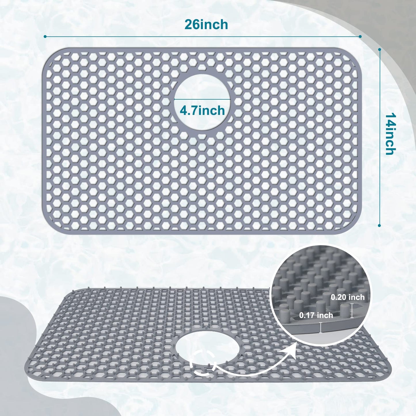 Bestjing Silicone Sink Protectors for Kitchen Sink with Rear Drain - 26"x 14" Kitchen Protector Accessory, Non-Slip Heat Resistant Grid Mat for Bottom of Farmhous Peorcelain Stainless Steel(Rear Hole)