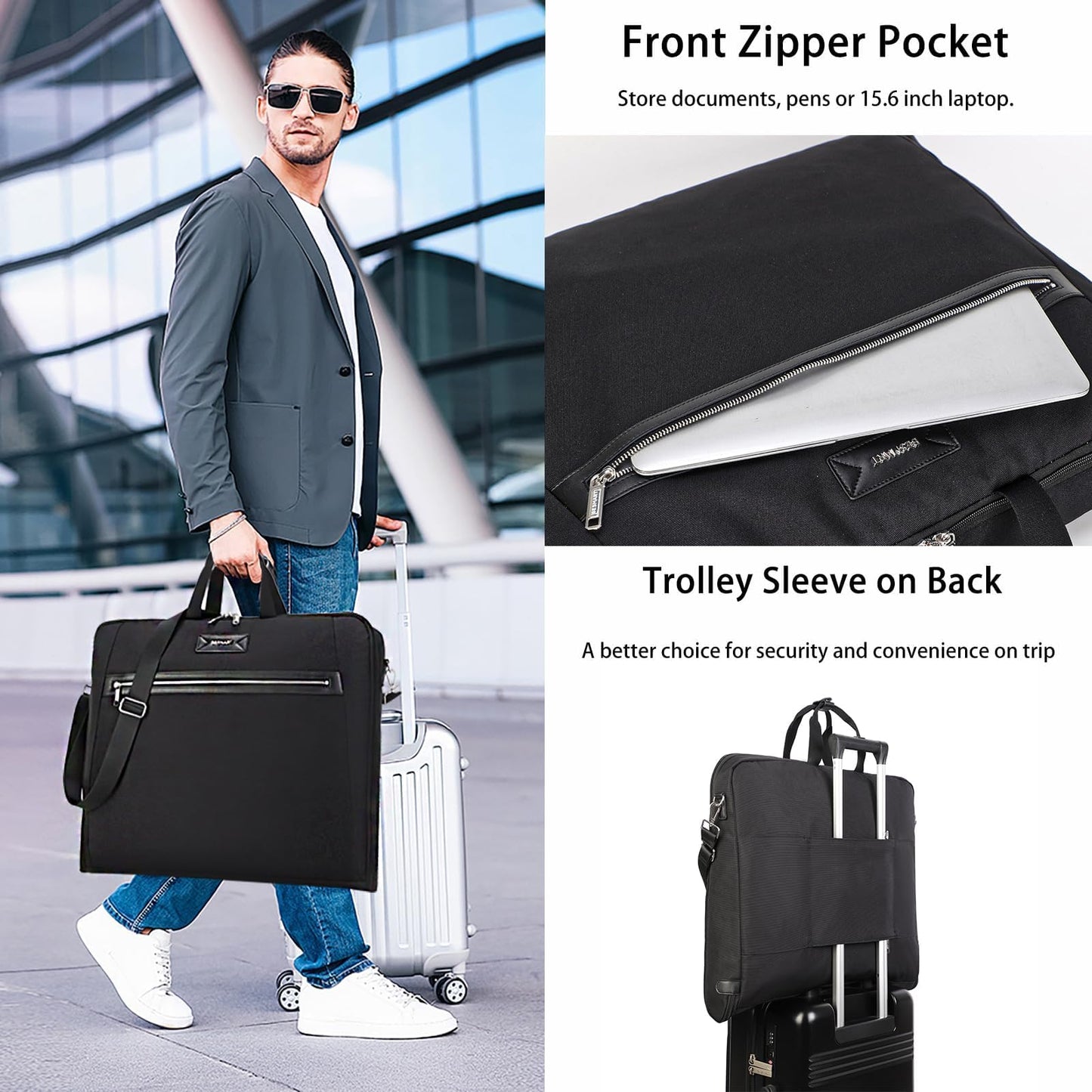 BE SMART Waterproof Foldable Garment Bags for Travel, 51" Large Travel Hanging Bags for Clothes, Carry on Suit Bag with Strap for Men Women, Wrinkle Free Luggage Suit Cover for Business Trips(Black)