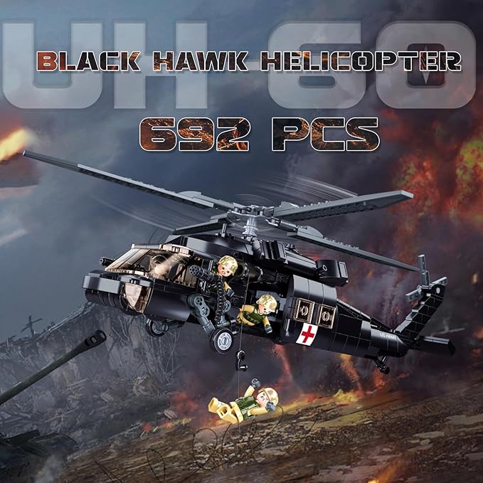 UH-60 Black Hawk Helicopter Military Set Army Airplane Building Bricks Rescue Helicopter Model Kits with 4 Soldier Minifigures Gifts for 6-12 Year Old Kids Compatible with Lego 692 PCS