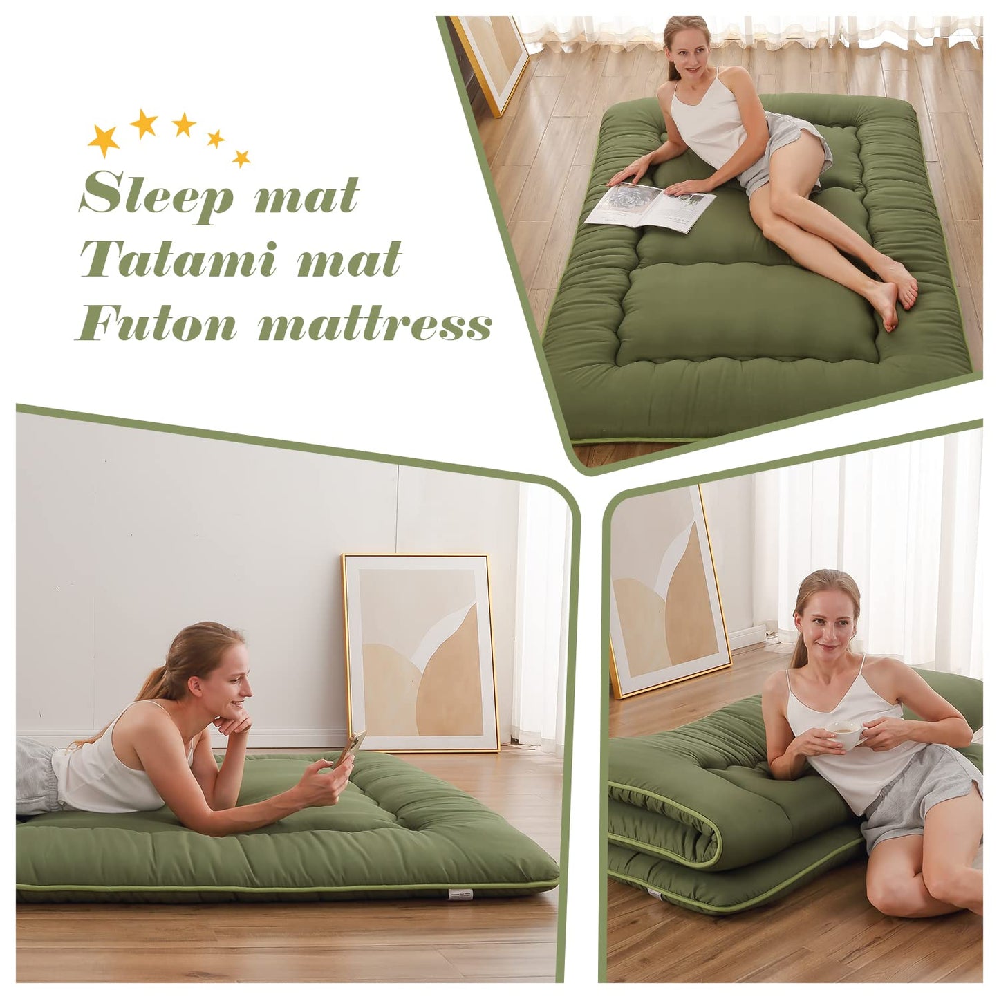 Zelladorra Japanese Floor Mattress, Futon Mattress with Portable Storage Bag and Washable Cover, Roll Up Thick Tatami Mat Suitable for Camping, Guest Room, Green, Twin