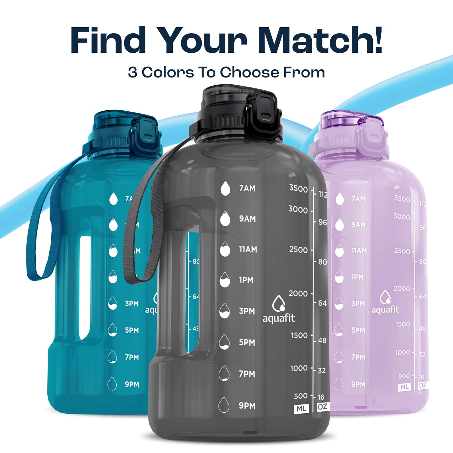 AQUAFIT 1 Gallon Water Jug with Time Marker - BPA Free 128 oz Gym Water Bottle with Straw, Handle, Gray