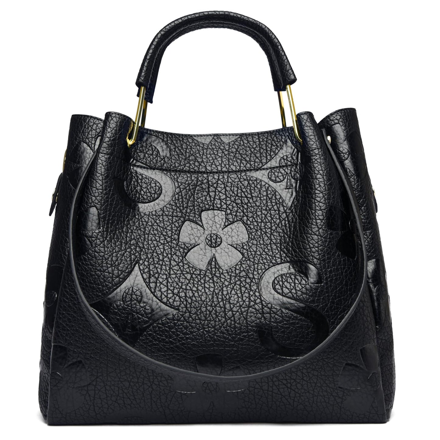 Travistar Floral Handbags and Purses Women - Retro Embossed Leather Top Handle Handbag Large Women's Shoulder Bag 3-in-1 Trendy Hobo Purse Ladies Bucket Satchel Bags Black Work Tote