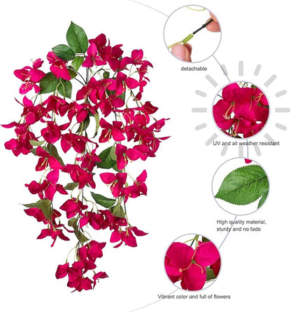 2PCS Bougainvillea Artificial Hanging Flowers Plants for Outdoors Outside Fall Decoration, Faux Silk Flowers Fake Vines UV Resistant Look Real Realistic for Front Door Porch Planter Balcony, Hotpink