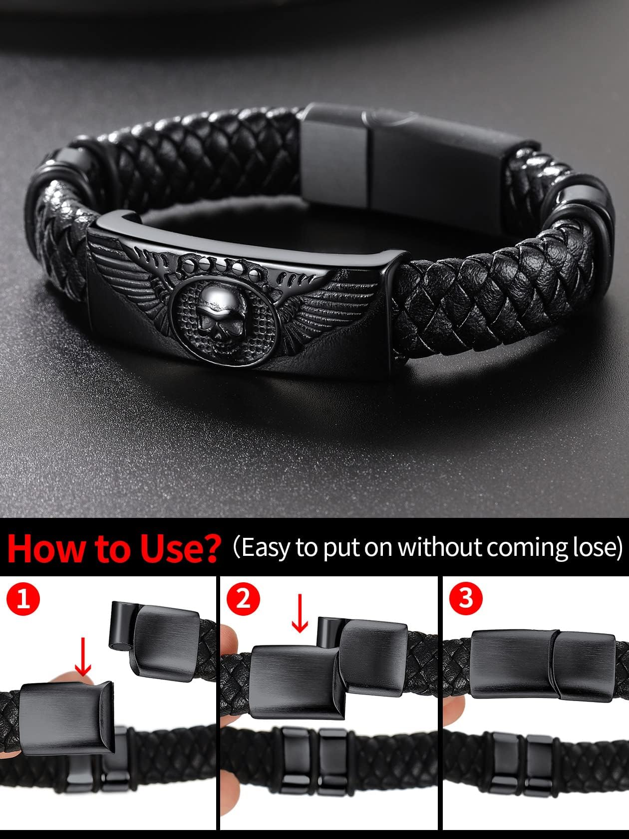 ChainsHouse Mens Braided Leather Black Bracelets Bangles, Wing Skull Bracelet for Dad Husband, 23cm