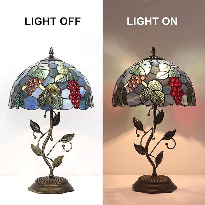 Tiffany Style Table Lamp Handmade Stained Glass Bedside Lamp 12x12x20 inch Metal Leaf Base,Art Glass Lamp for Living Room, Bedroom, Office Decor(Grape)