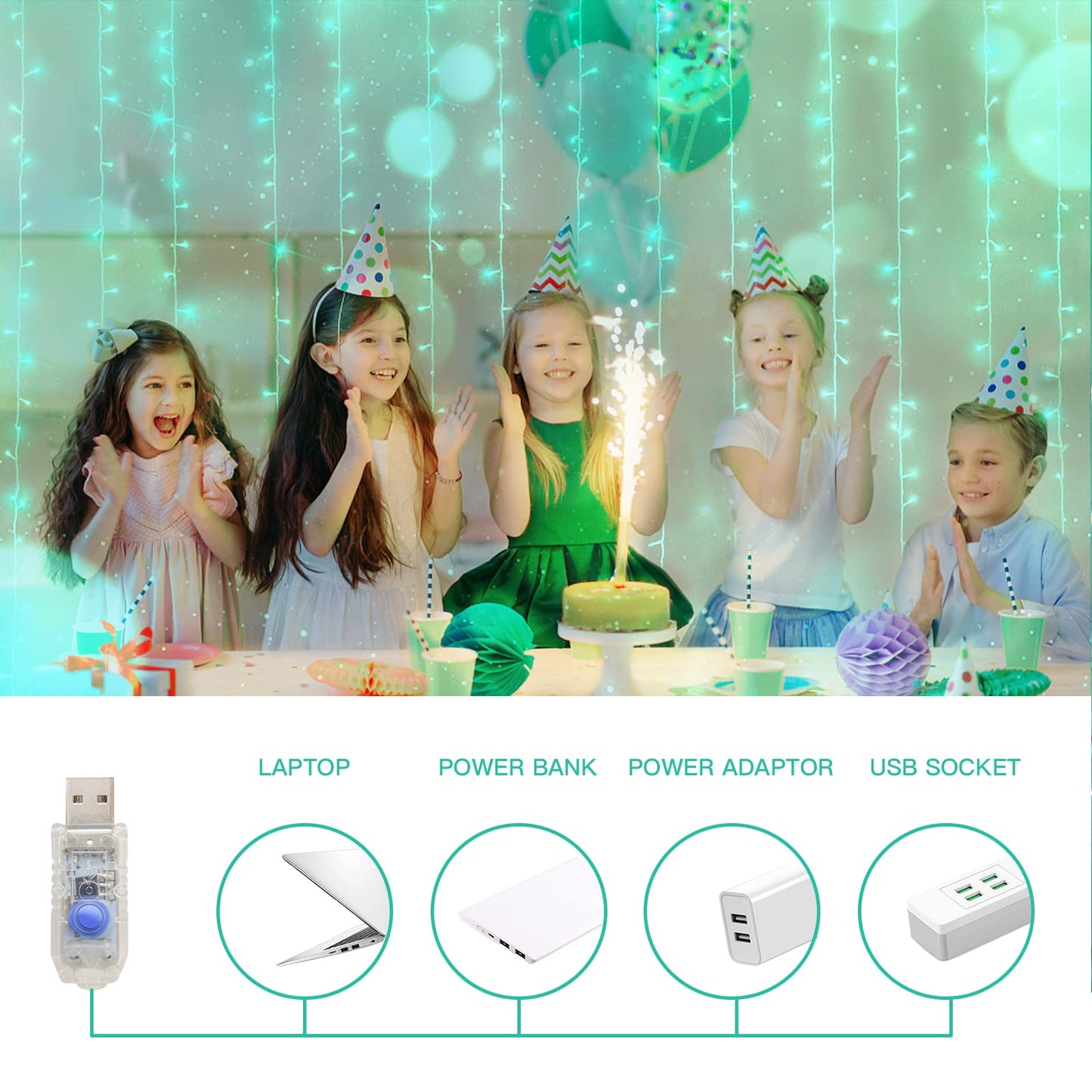suddus Curtain Lights for Christmas, 200 Led 6.5ft x 6.5ft Hanging String Lights Outdoor, Fairy Curtain Lights for Backdrop, Window, Wall, Party, Garden, Bedroom, Birthday Decorations, Teal