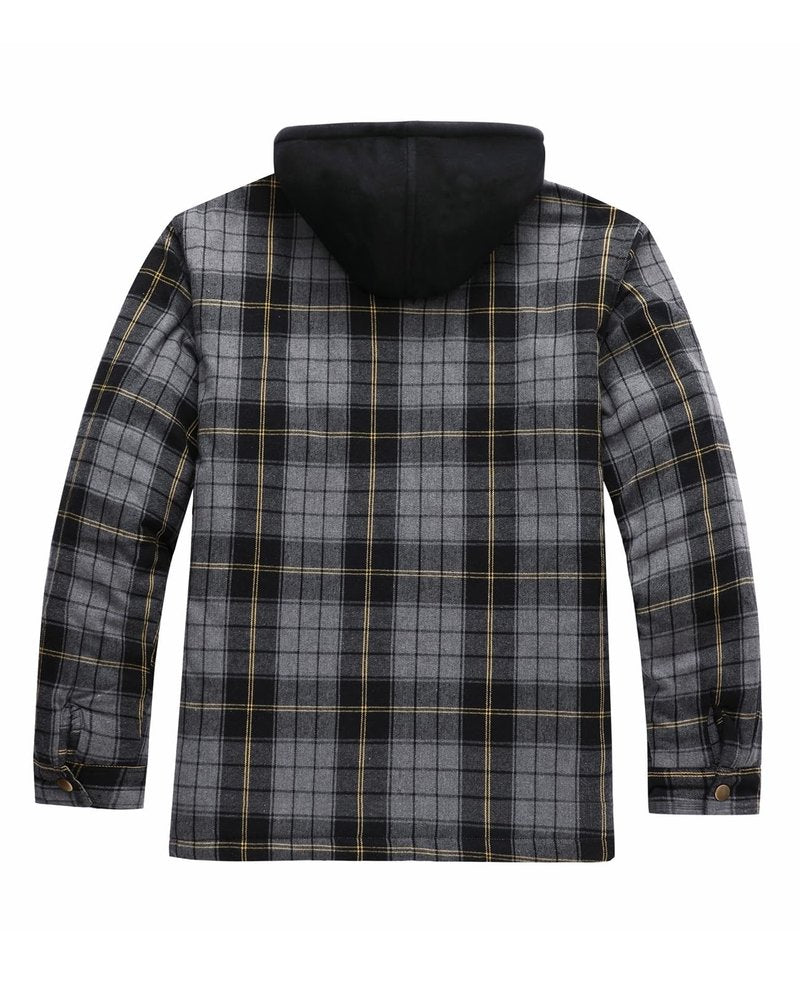ThCreasa Flannel Hooded Shacket Jackets for Men Quilted Lined Buffalo Plaid Flannel Coat Thick Flannel Shirt Jacket Grey M