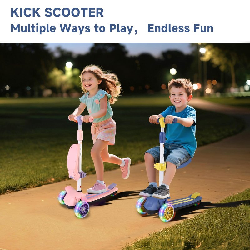 Wheelive 2 in 1 Kick Scooter with Removable Seat, 3 LED Wheels Kick Scooter for Kids, 4 Adjustable Height & Foldable Design Toddler Scooters Sit or Stand Ride for Boys & Girls 2-10 Years Old