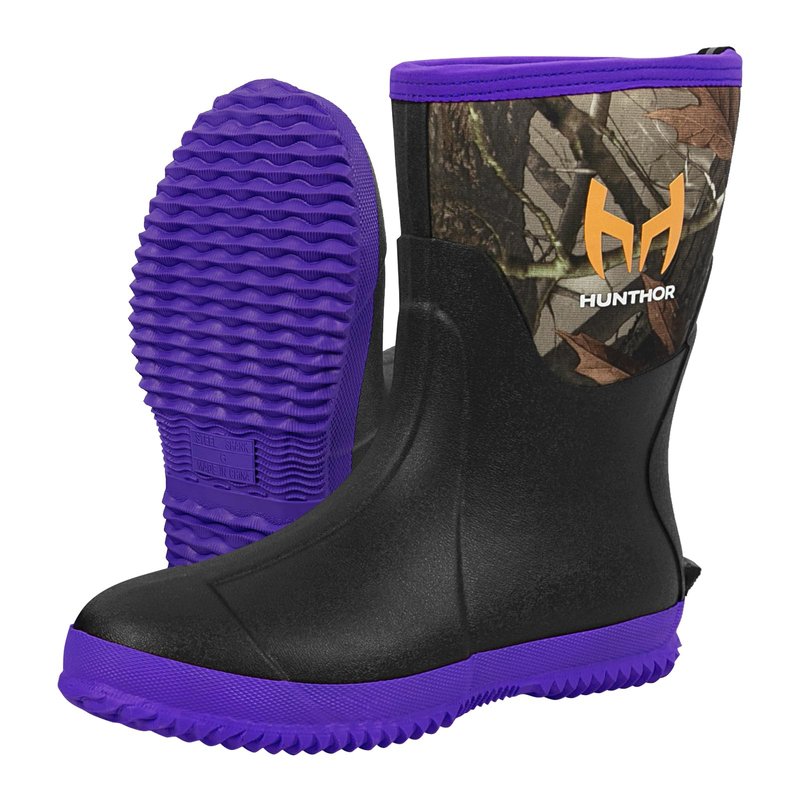 Hunthor Rubber Boots for Women, 5mm Neoprene Insulated Waterproof Rain Boots with Steel Shank, Mid Calf Hunting Shoes for Faming Gardening Mud Work (Purple, Size 8)