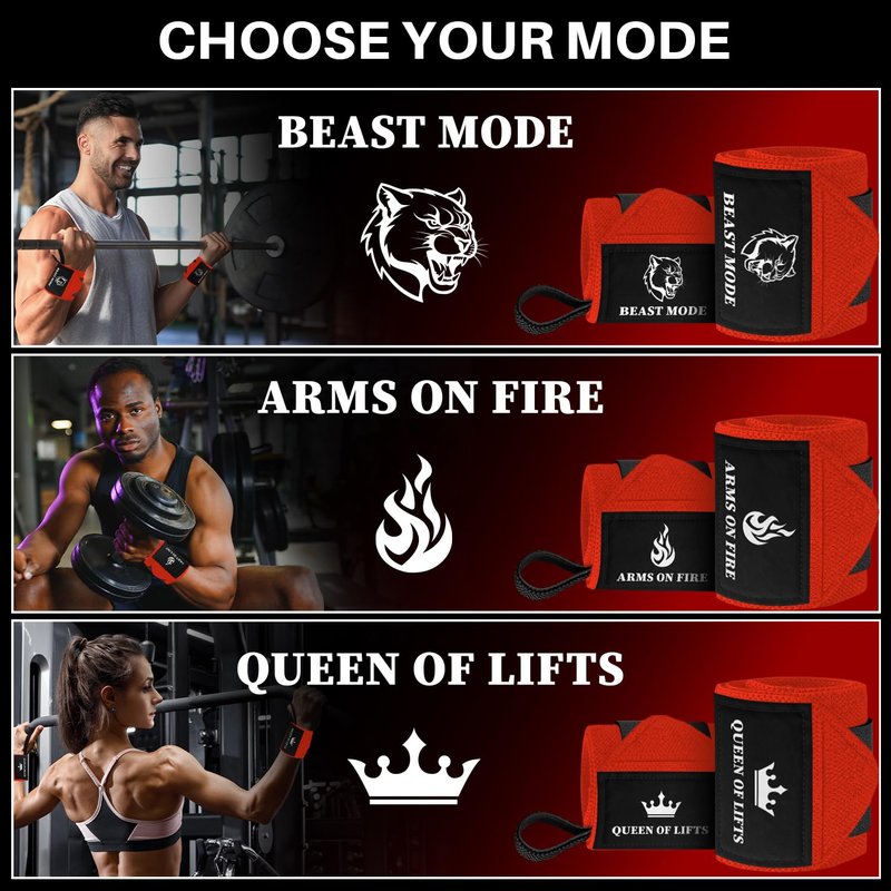 TECEUM Weightlifting Wrist Wraps with Thumb Loop – Red – Beast Mode – 12 inch – Heavy-Duty Workout Wrist Support & Protection – Ideal for Powerlifting, Strength Training, Bodybuilding