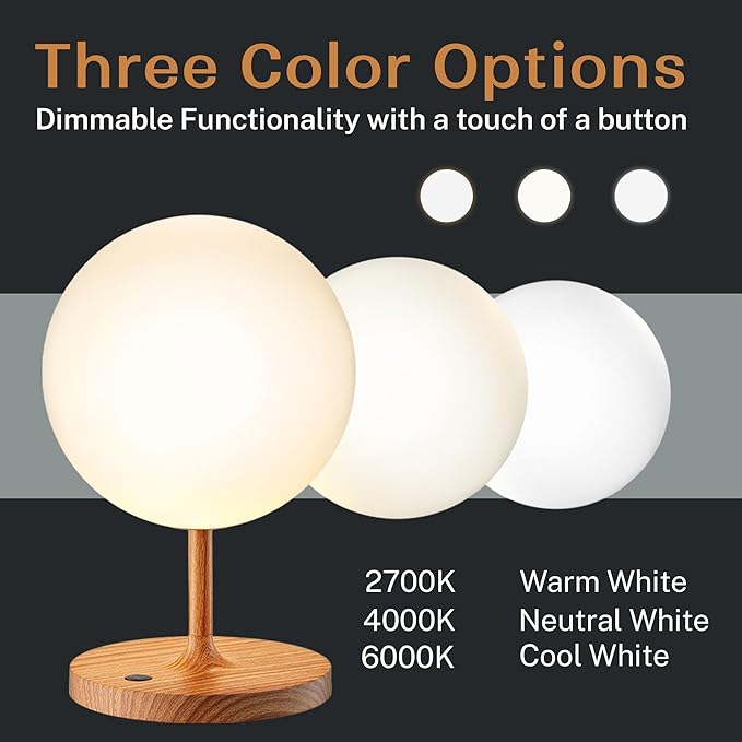 Outdoor Battery Operated Table Lamp & Power Bank - 5000mAh Rechargeable Battery Powered, Touch Dimmable, 3 Color Temperatures, IP44 Waterproof Lamp for Home, Patio Use - 9.6 In Modern Wood Grain Globe