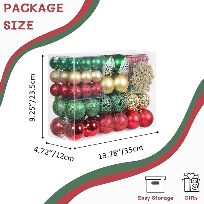 SY CRAFT 86 Pieces of Assorted Shatterproof Christmas Ball Snowflake Ornaments Seasonal Decorative Hanging Ornament Set with Hand-held Gift Package for Xmas Tree Decorations (86PCS, Green Red Gold)