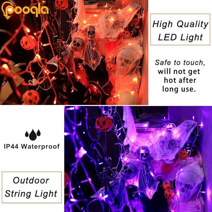 Pooqla Halloween Lights, 66 ft 200 LED Indoor Outdoor Halloween String Lights Plug in, Connectable 8 Modes Clear Wire Twinkle Fairy String Lights for Xmas Tree Decoration Clear wire, Orange and Purple
