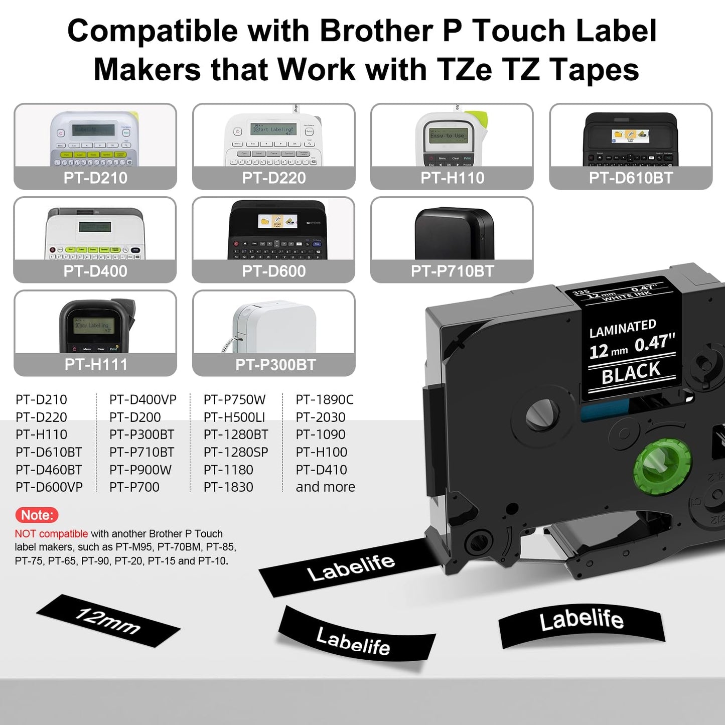 Labelife Label Maker Tape Black Replacement for Brother TZe-335 TZe335 P Touch Label Tape White on Black TZe TZ 12mm 0.47 Laminated for Brother PT-D210 PT-D220 PT-H110 PT-D400 PT-D600, 4-Pack