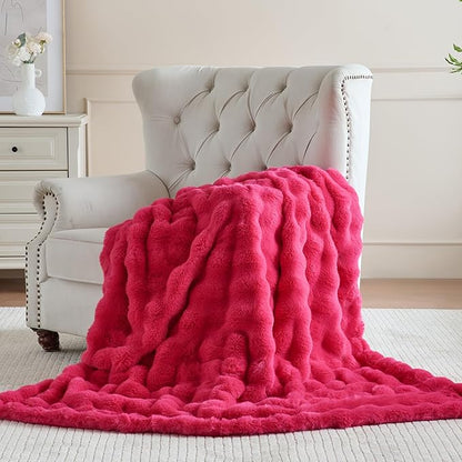 Krifey Hot Pink Bubble Blanket for Women, Soft Cloud Touch Bed Throw, Cozy Fuzzy Plush Thick Warm Blanket, Faux Rabbit Fleece, Christmas Birthday Gifts for her Girls Mom, Dorm Room Decor, 50x60in
