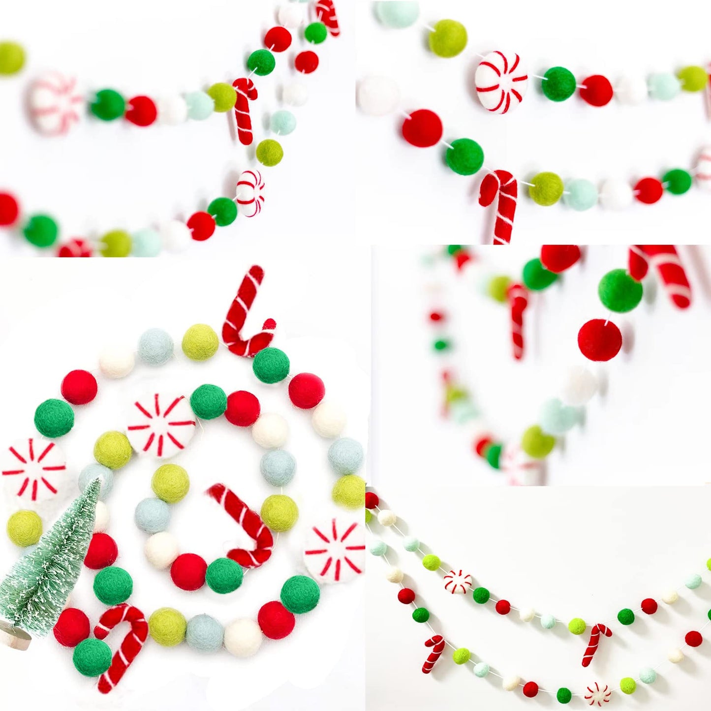 Christmas Felt Ball Garland - Peppermints Candy Cane Pom Pom Garland, Hand-Made from Natural Wool - Cute Hanging Decor for Christmas Tree, Kids Bedroom, Living Room, Nursery Decoration- 6.56 Feet Long