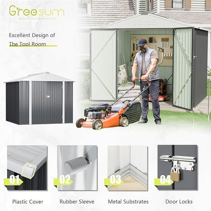 Greesum 8x6FT Outdoor Storage Shed, Utility Tool Shed Metal Storage Garden Shed with Door & Lock for Patio Storage, Gray