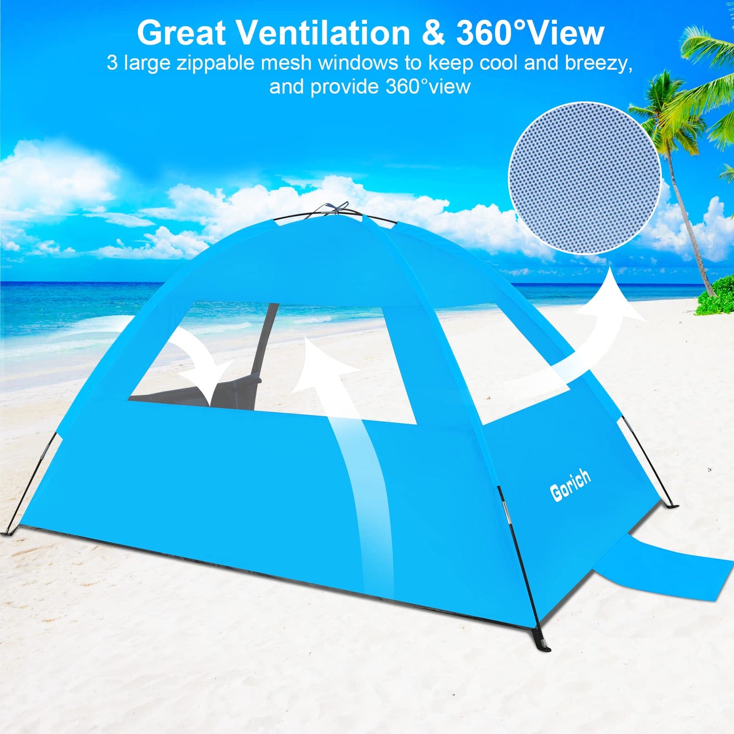 Gorich Beach Tent Sun Shelter for 3/4/6/8/10 Person with UPF 50＋ UV Protection, Lightweight & Easy Setup Beach Shade Canopy, Portable Beach Shade Tent Beach Cabana