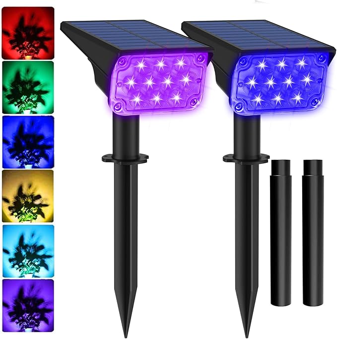 T-SUNUS Christmas Solar Color Landscape Spotlights Outdoor, IP65 Waterproof RGB Spot Light 2 Pack Auto Dusk to Dawn Landscaping Wall Lights for Tree Yard Garden Driveway Porch Walkway Pond Halloween