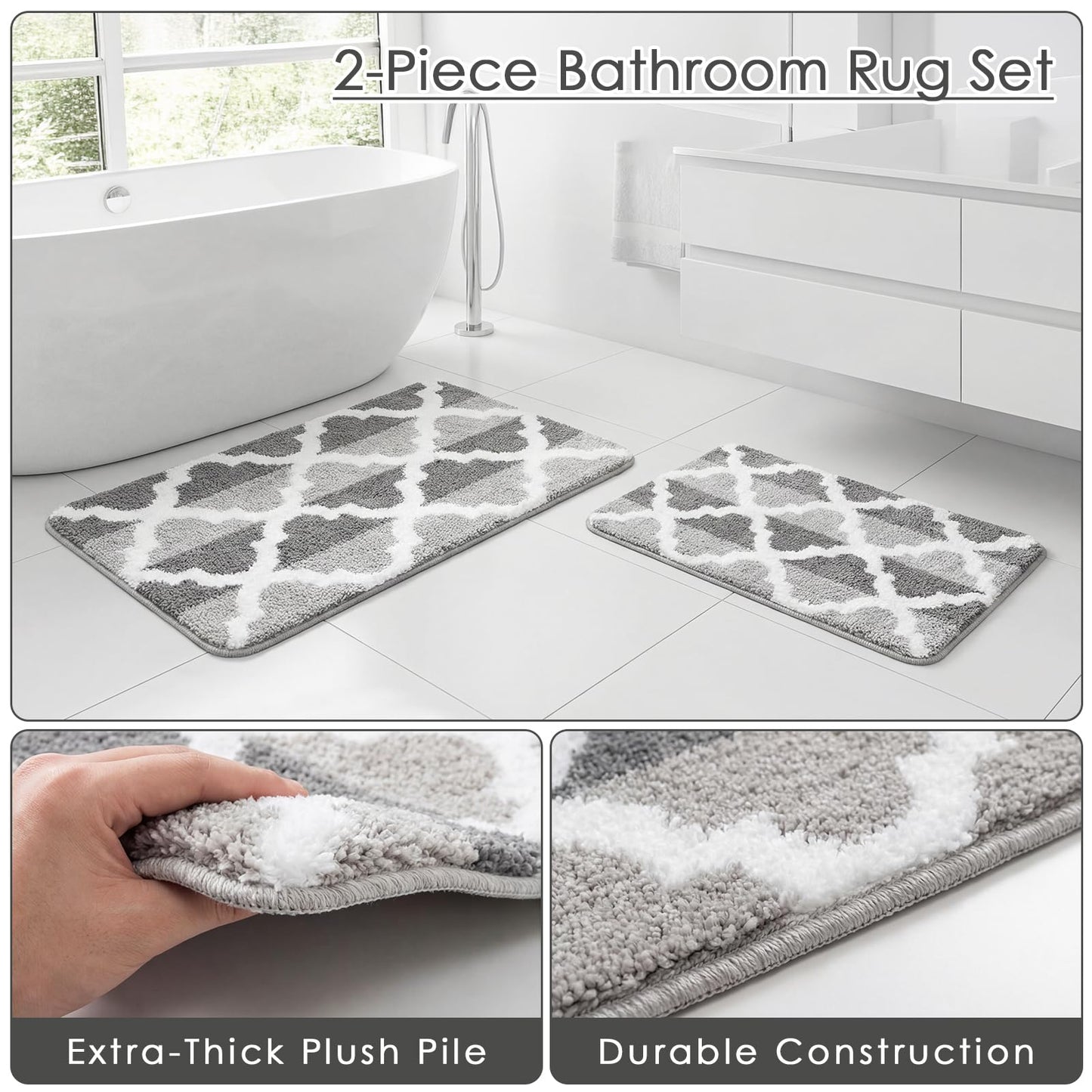 Arttown Dark and Light Grey Trellis Bathroom Rug Set 2 Piece Fluffy Microfiber Non-Slip Water Absorbent Bath Mat Soft Washable for Tub Showers Laundry Room Decor (16"x24"+20"x32")