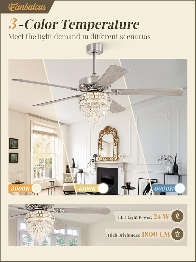 Fanbulous 60 Inch Modern Farmhouse Fandelier Ceiling Fans with Lights, Brushed Nickel Crystal Ceiling Fan Chandelier, 6 Speeds and Reversible, 3CCT, Indoor Ceiling Fan for Living Room Bedroom Kitchen