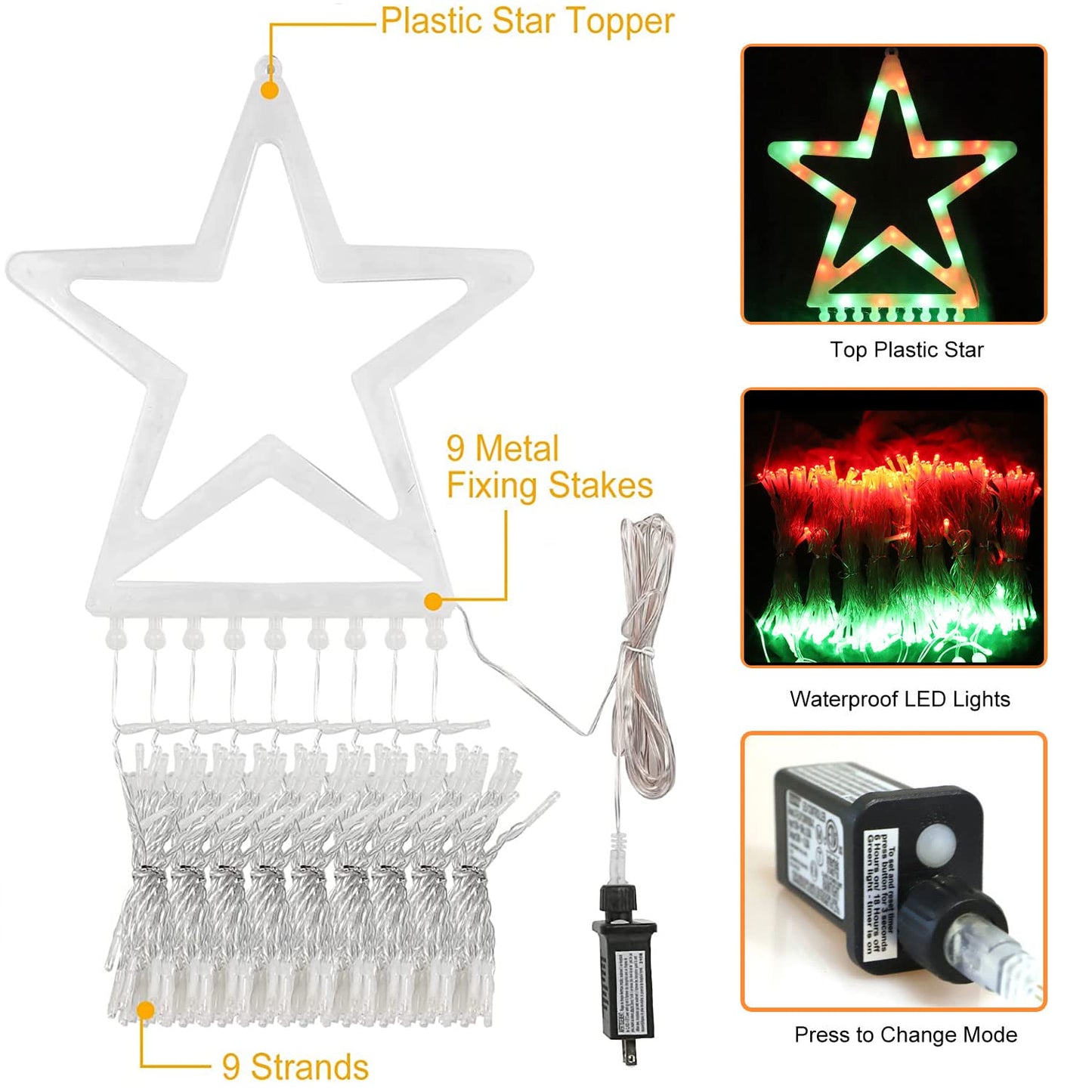 MINIAO Christmas Decorations Star String Lights, 320 LED Waterfall Tree Lights with 13" Topper Star 8 Lighting Modes Indoor Outdoor Decorative for New Year, Holiday, Wedding, Party