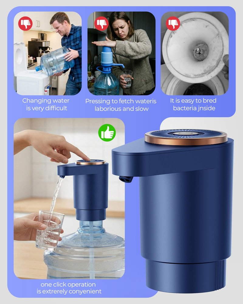 Cozycharm Water Jug Pump for 5 Gallon Bottle – Portable Electric USB-C Charging Dispenser, Dual Powerful Motors, Fast Flow, Fits 2-5 Gallon Jugs – Ideal for Home, Office, Camping, RV, Blue