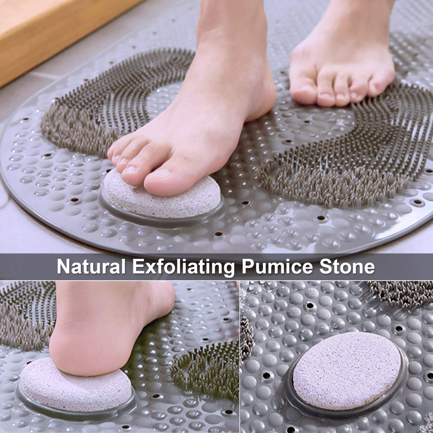 MOLFUJ 32"X16" Foot Scrubber Shower Mat with Feet Scrub Stone, Oval Bathtub Mat with Antislip Suction Cups and Drain Holes, Non Slip with A Pumice Stone for Feet Massage - Grey