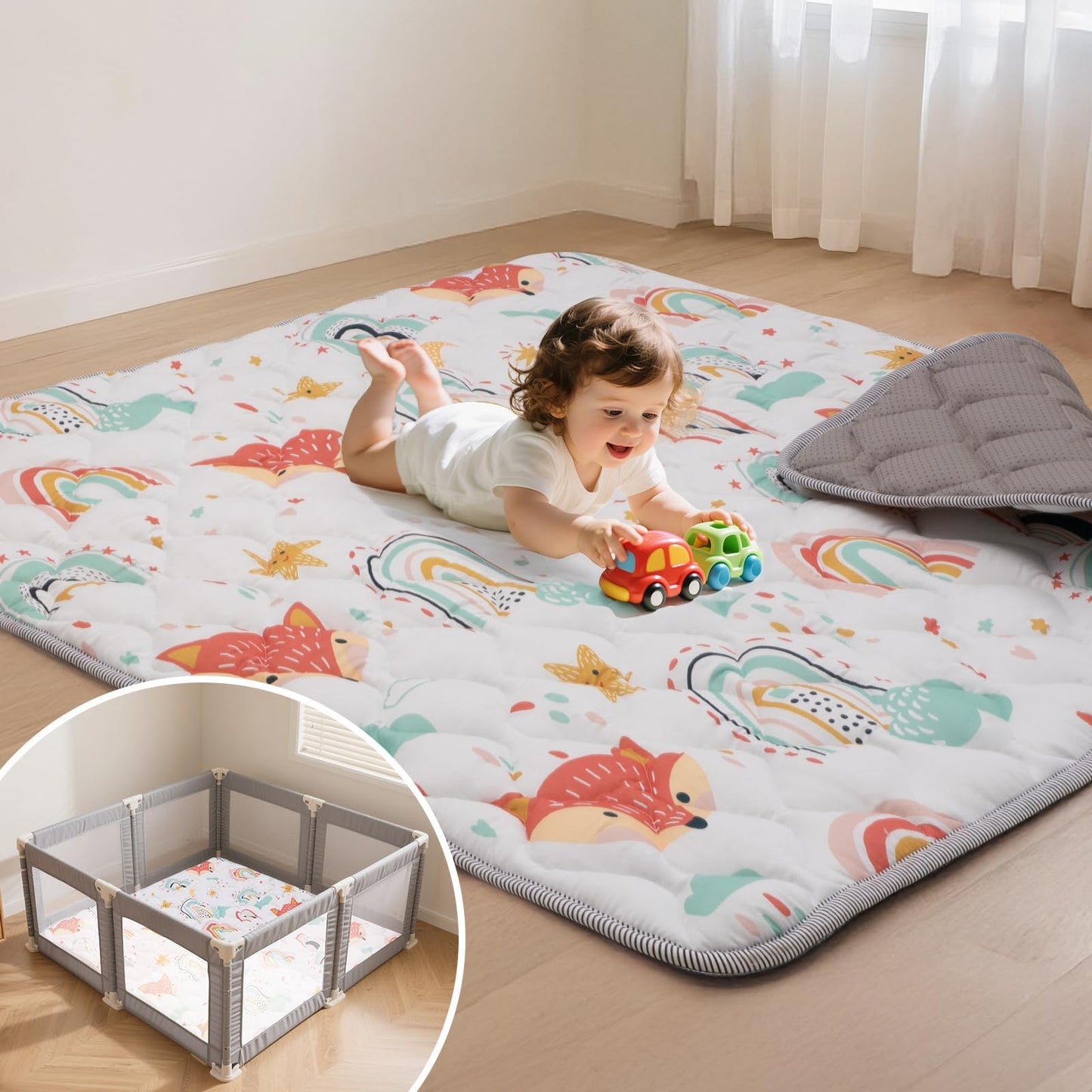 Duwenem Baby Play Mat for Floor,50x50 Inch Soft Padding Crawling Mat for Playpen, Foldable and Machine Washable, Thick for Babies & Toddlers,Rainbow Fox