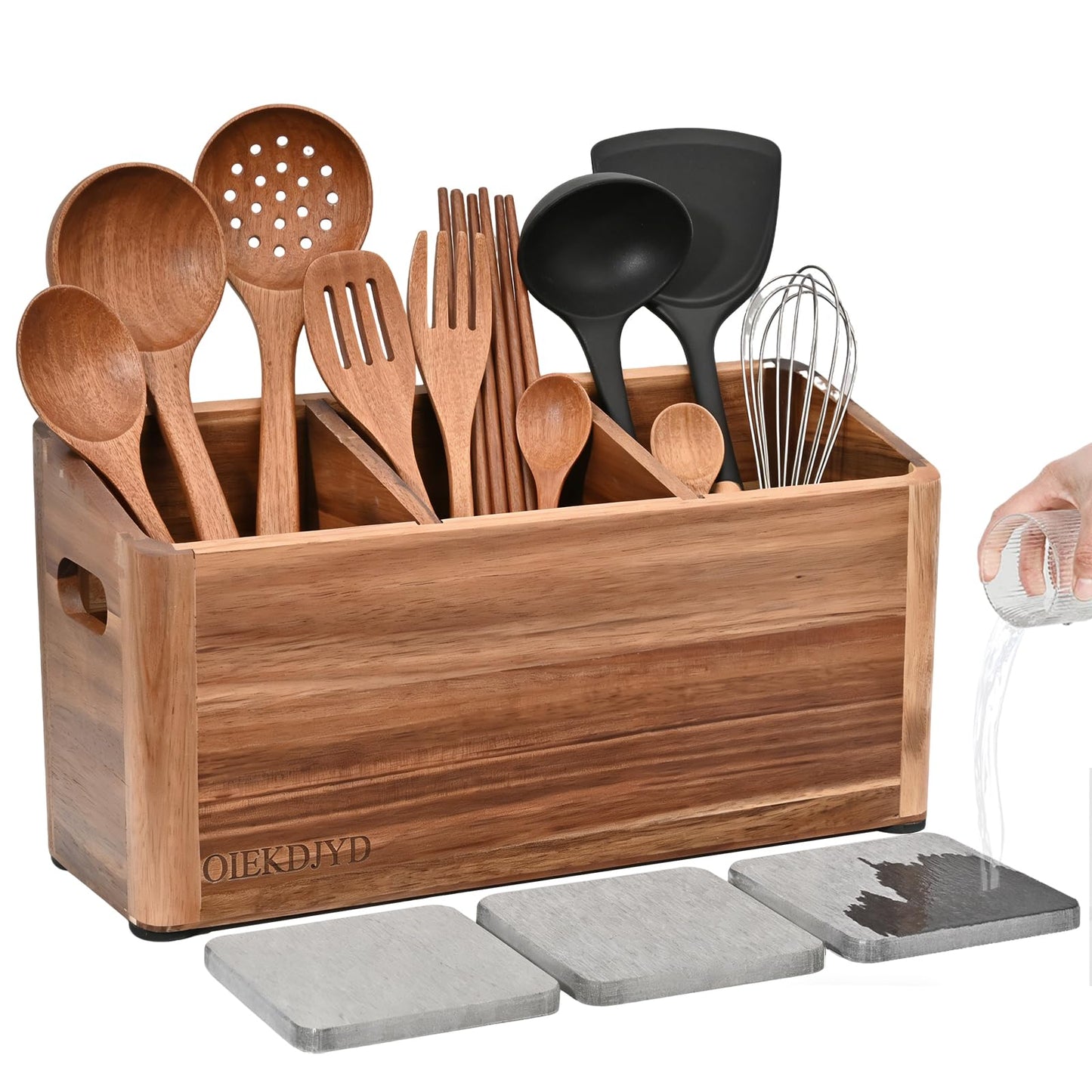 OIEKDJYD Wooden Utensil Holder for Kitchen Counter - Large Utensil Organizer with 3 Compartment, Cooking Tool Crock & Farmhouse Kitchen Accessories