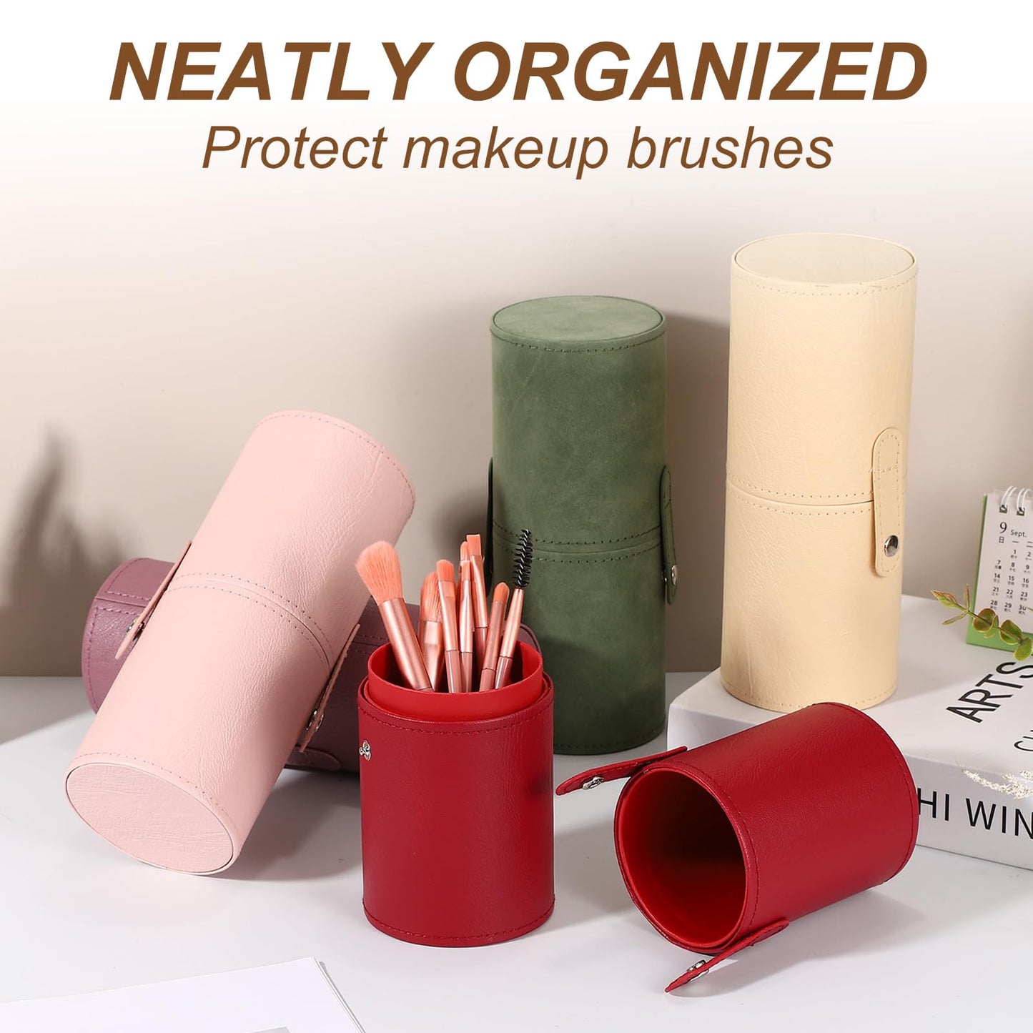 uxcell 7.87" Portable Makeup Brush Holder with Strap, Makeup Scrubber Holder Travel Cosmetic Brushes Case for Women Makeup Brushes Pencils Toothbrush Hand Cream, Wine Red