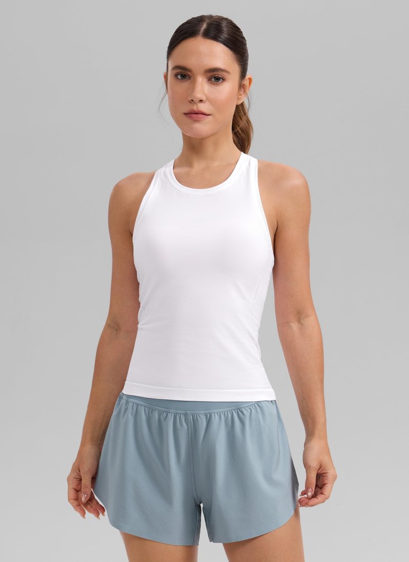 CRZ YOGA Seamless Workout Tank Tops for Women - Athletic Running Gym Sleeveless Shirts Crewneck Racerback Breathable White Large