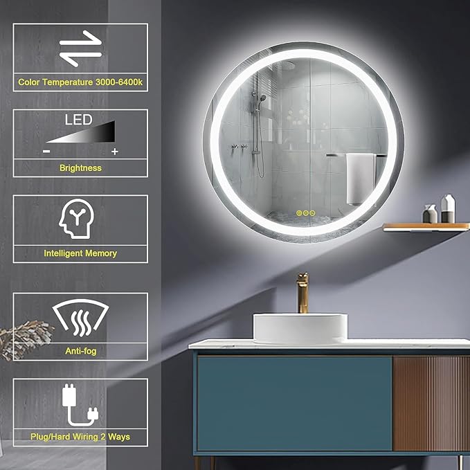 OKISS Round Bathroom Mirror with Lights 24 Inch 3000K/4500K/6400K Wall Vanity Mirror with Anti-Fog Round Led Mirror 3 Color, Dimmable, Memory Smart Touch Button
