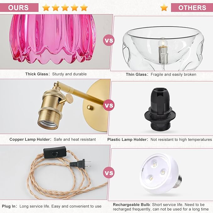 Plug in Wall Sconce, Vintage Sconce Light with Tulip Ruby Red Glass Lampshade, 180° Adjustable Wall Sconce with Switch and Plug in Wall Lamp Cord, Gold Wall Light for Bedroom Bedside
