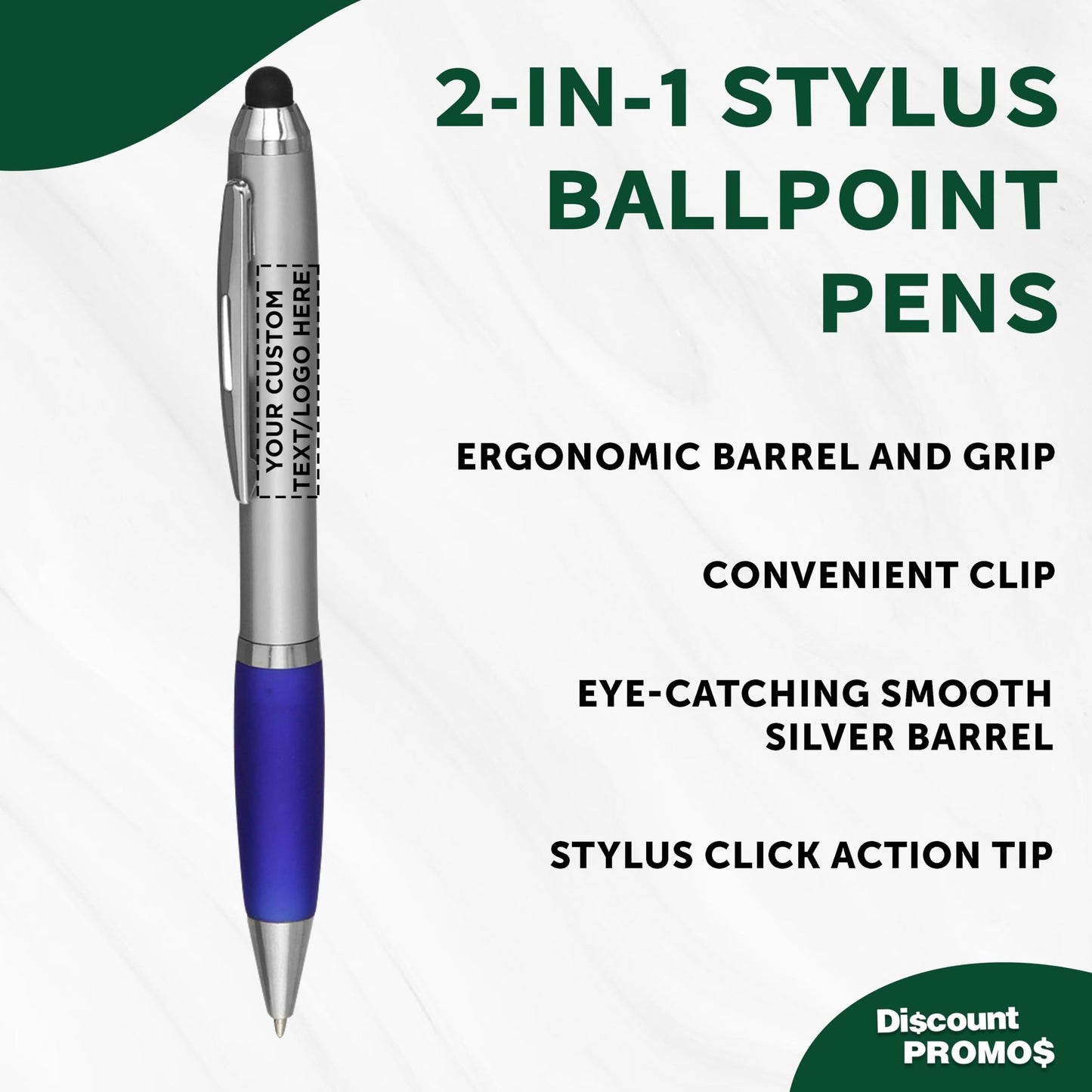 DISCOUNT PROMOS Custom Stylus Ballpoint Pens Set of 10/50/100, Personalized Bulk Pack - Black Ink, Great for Office, School, Business, Tradeshows, Events - Blue