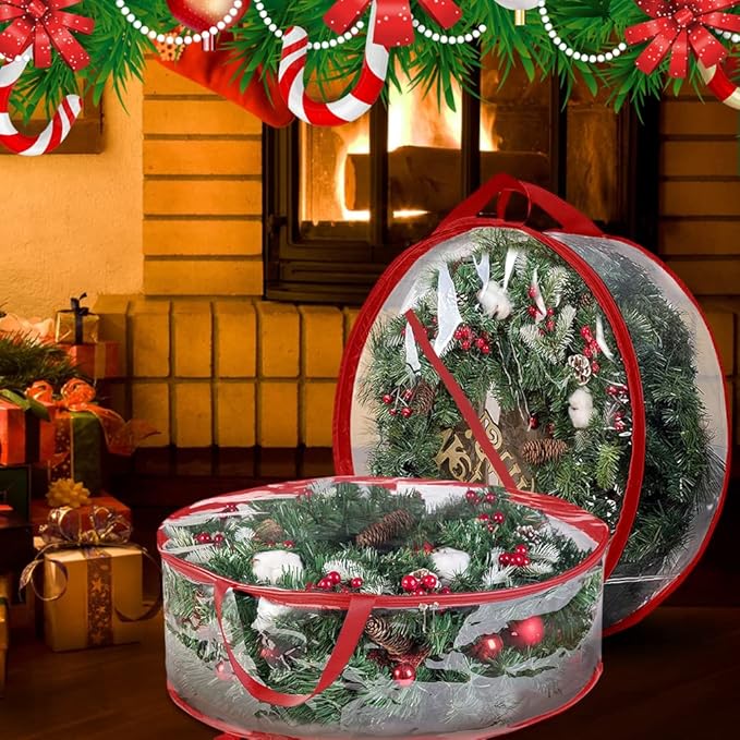 ProPik Christmas Wreath Storage Bag - 2 Pack Artificial Christmas Wreath Storage Container- Garland Holiday Wreath Storage Holder –Water Proof Transparent Clear PVC - with Handles (Red, 48 Inch)