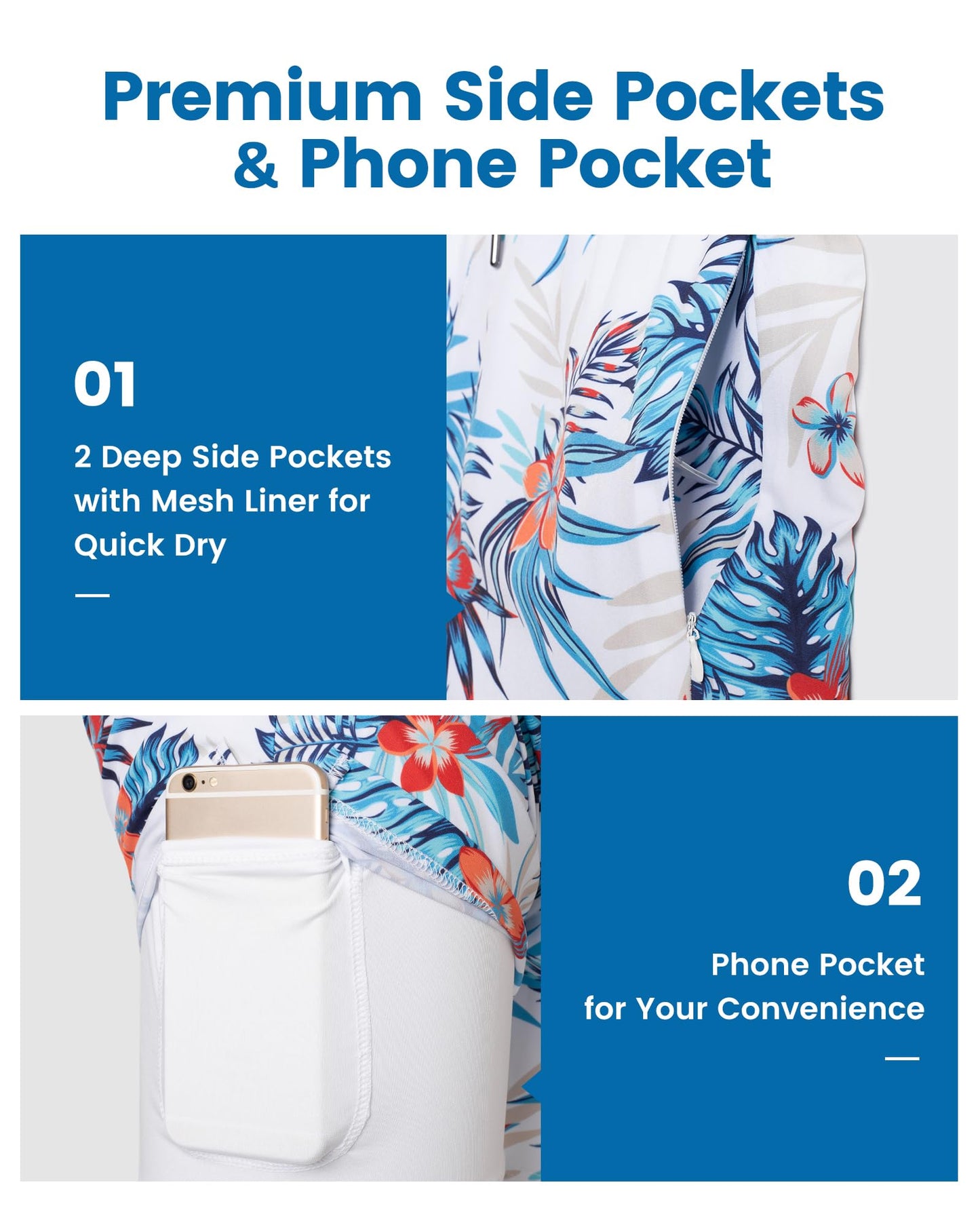 maamgic 2 in 1 Mens Swim Trunks 7 Inch Swim Shorts Swim Suits Board Shorts Floral-White