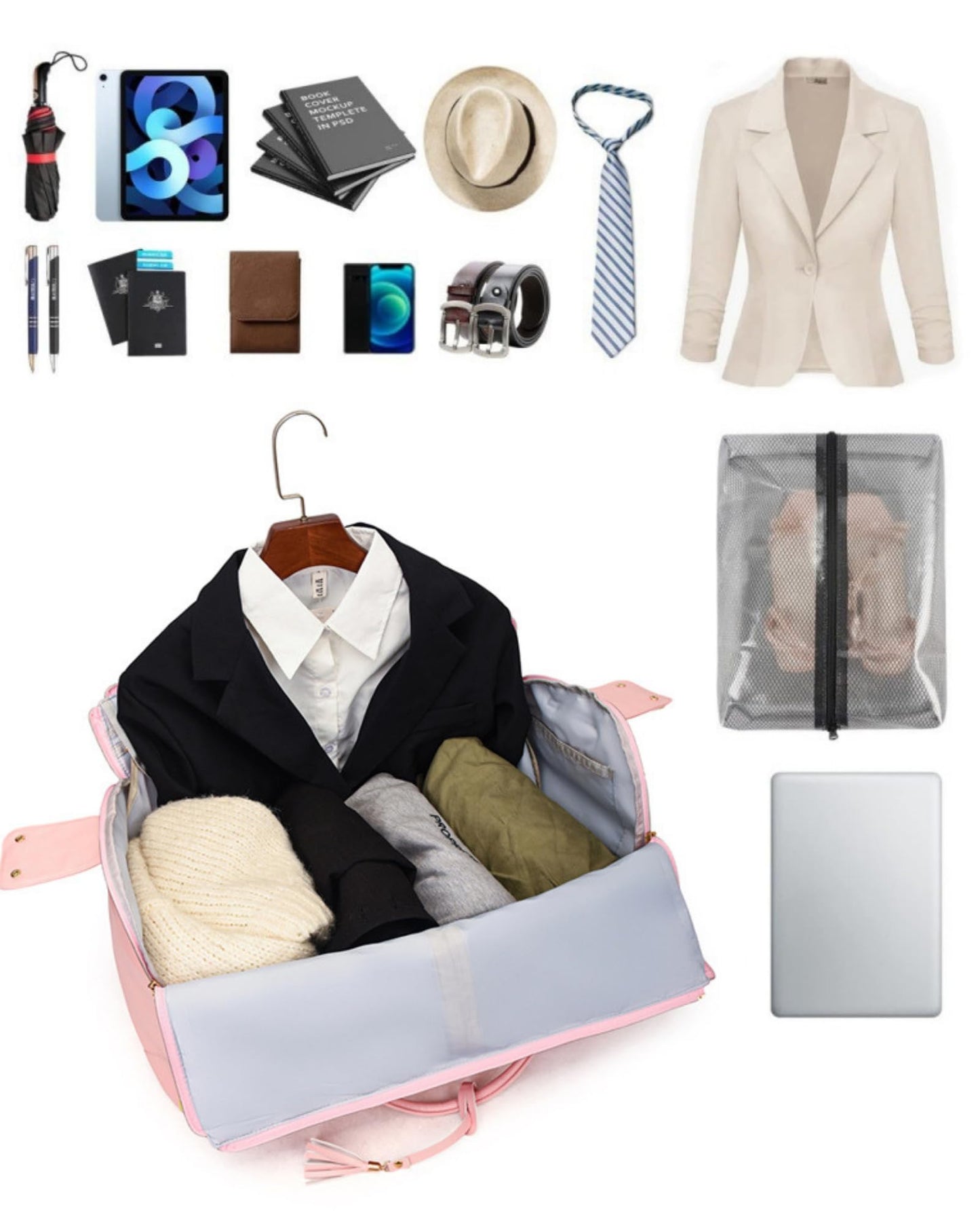 Garment Duffle Bag for Travel, 2-in-1 Garment Bags Carry On Hanging Suit Bag, Foldable PU Leather No Wrinkle Dress Bag for Women & Men, Weekender Overnight Business Trip Pink