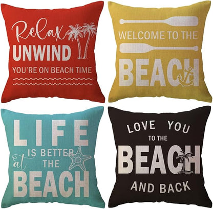 ULOVE LOVE YOURSELF Coastal Beach Throw Cushion Covers Double-Sided Tropical Palm Paddles Anchor Starfish Summer Beach House Decorative Pillowcase 18 x 18 Inch 4Pack Porch Patio Decor (Multi)