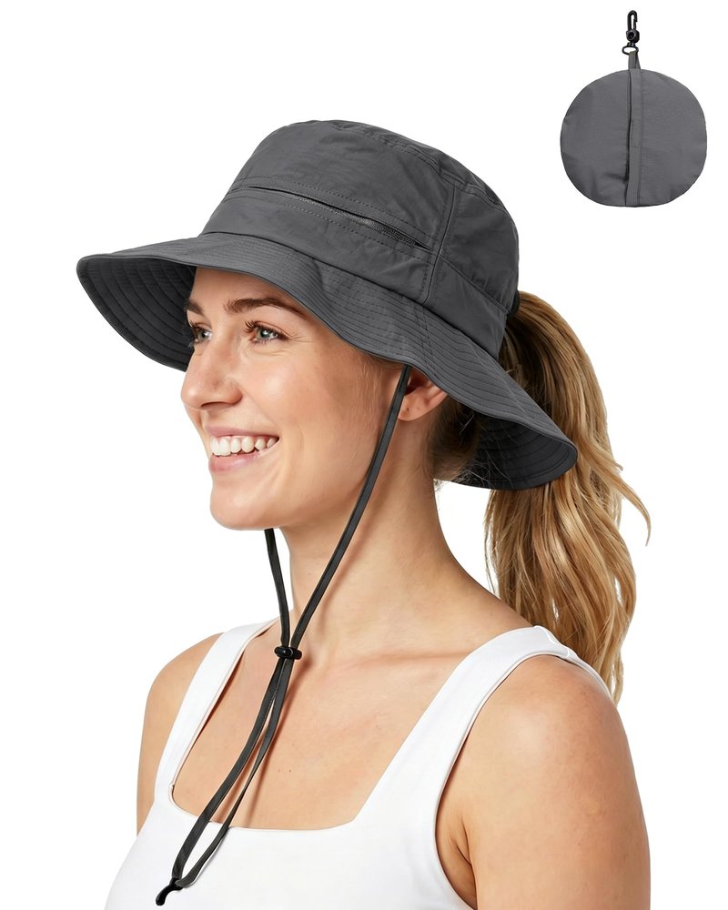 Womens Ponytail Sun Hat Packable UPF50+ Waterproof Bucket Hat Hiking Fishing Safari Hat Foldable Beach Hat Dark Grey