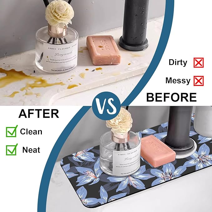 Blooming Lily Sink Faucet Absorbing Mat Blue Lily Flowers Super Absorbent Fast