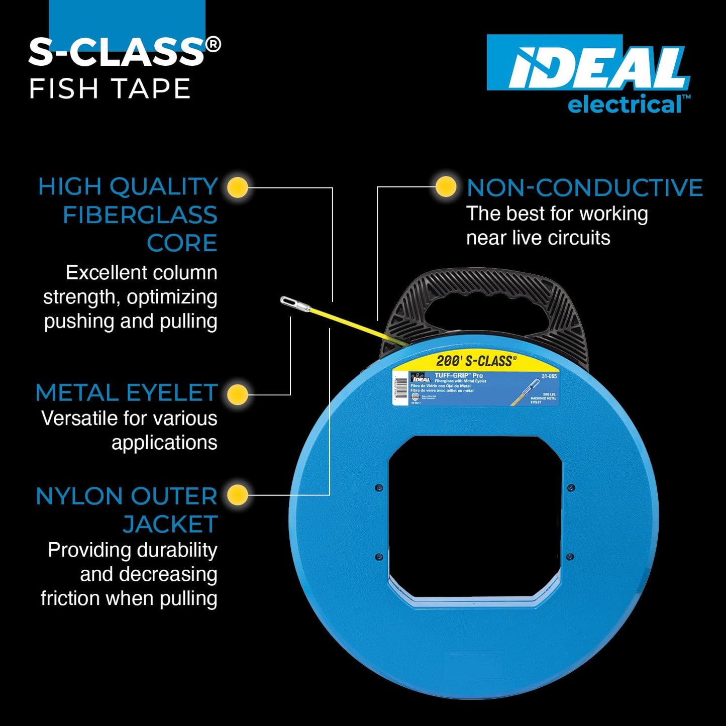 Ideal Electrical 31-065 S-Class Fiberglass Fish Tape 3/16 in. x 200 ft., Non-Conductive Fishing Tape with 12 in. Metal Eyelet, Tuff-Grip Pro Case